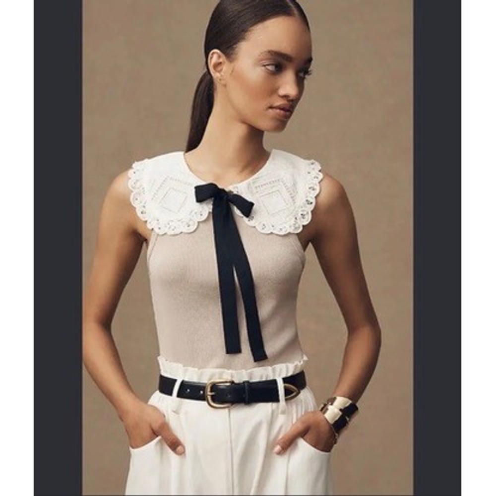 Anthropologie Tan Ribbed Tank Top White Eyelet Peter Pan Collar Black Bow M